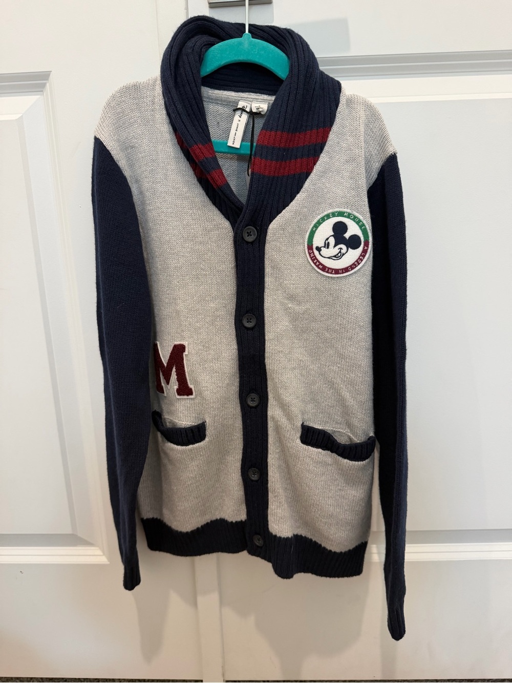 NWT Janie and Jack Mickey Mouse Patch Shawl Collar Cardigan - Gray & Navy
